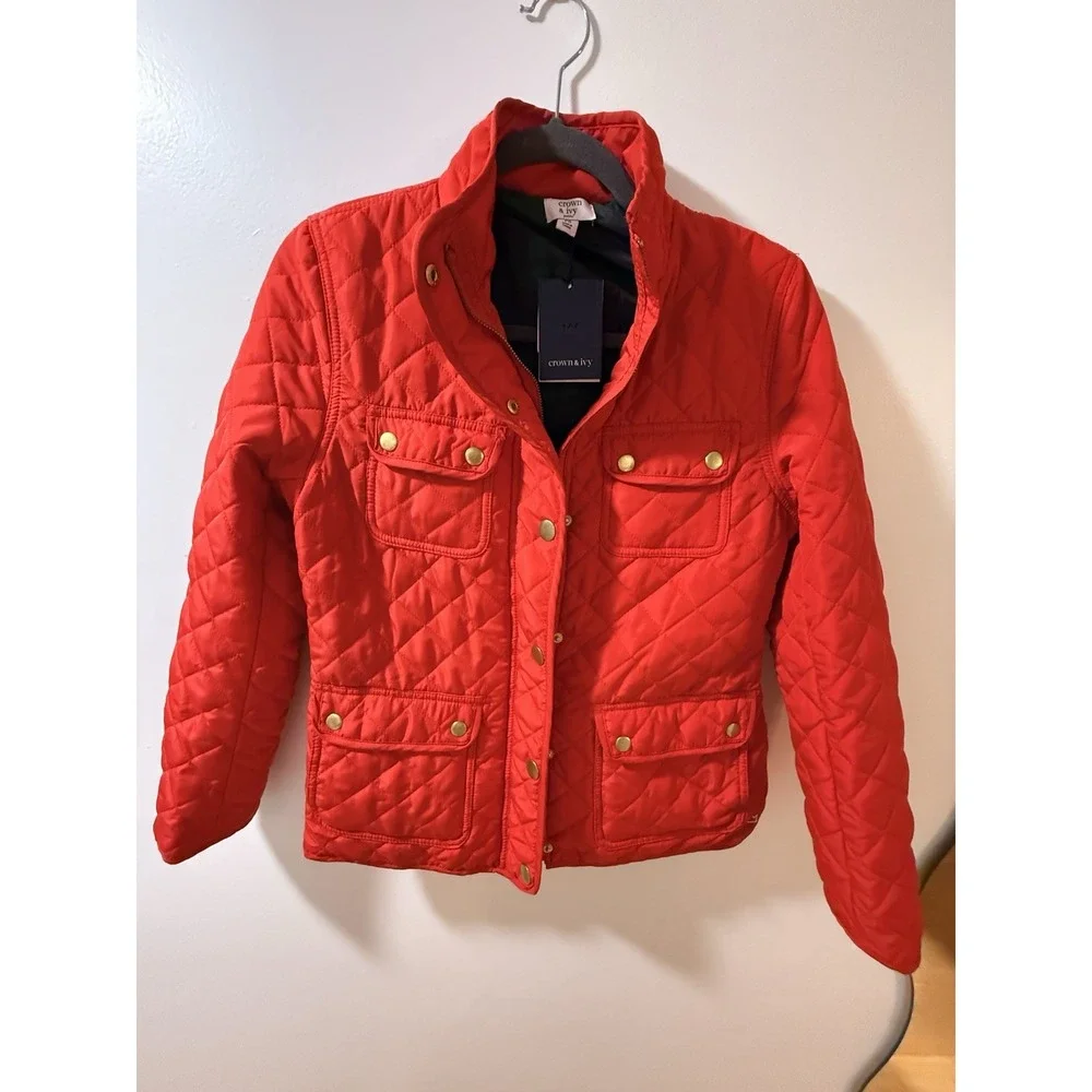 Crown & Ivy‎ Quilted Barn Gold Detail Buttons & Zip Jacket Red NWT PS 99.00$
